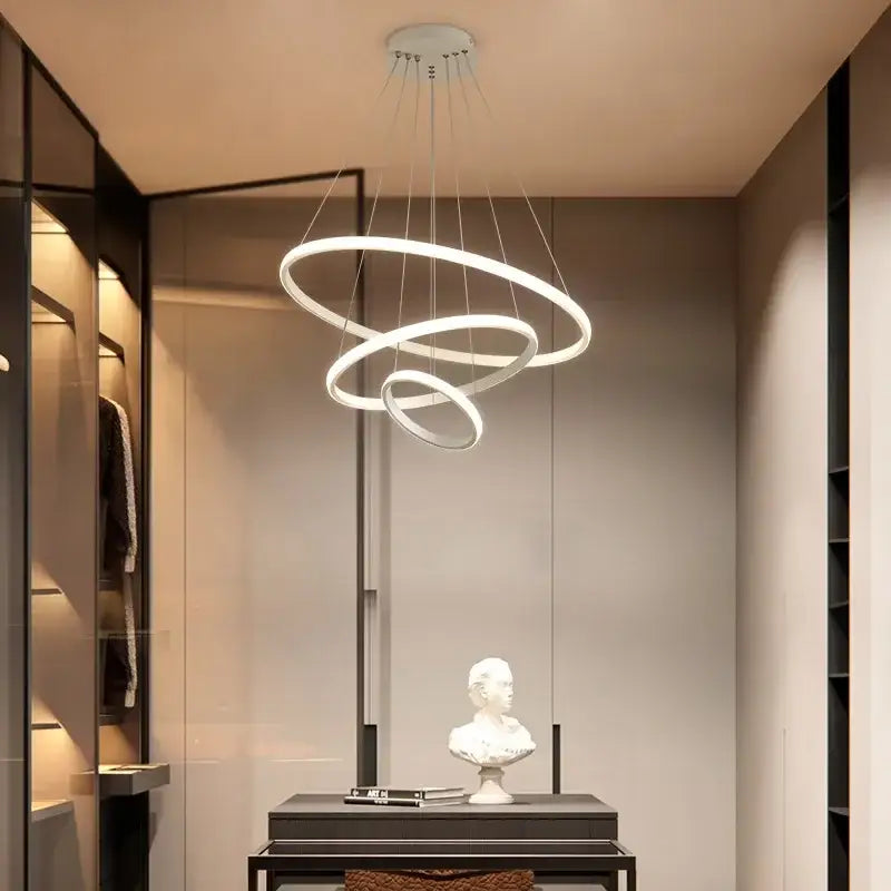Modern white led pendant lamp with three interlocking rings from decorbites circles chandelier pendant for living room light