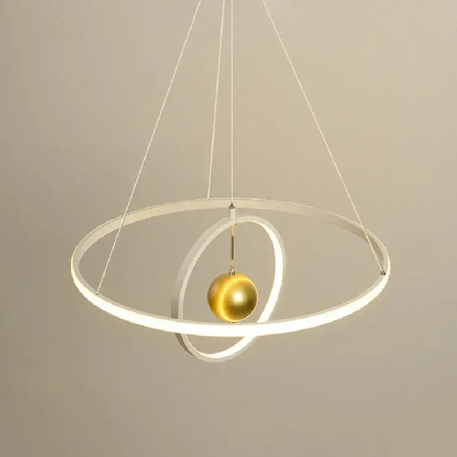 Modern black and white circular iron ball pendant light with interlocking rings and central golden sphere for living room decorbites circular iron