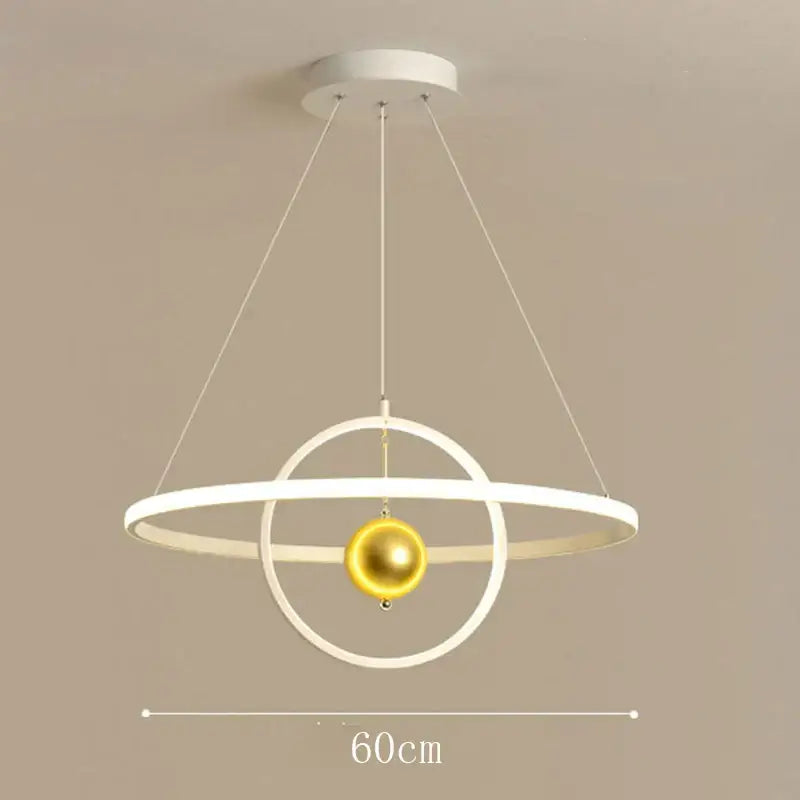 Modern white and gold iron ball pendant with sleek circular rings featuring decorbites circular iron design for living room