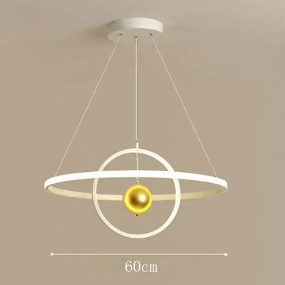 Modern white and gold iron ball pendant with sleek circular rings featuring decorbites circular iron design for living room