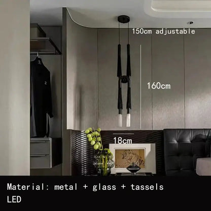 Modern black metal and glass cloth pendant light with tassels 150cm adjustable for kitchen and dining room decorbites cloth pendant