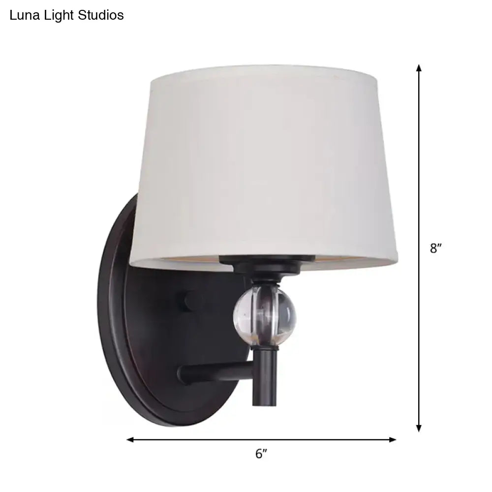 Modern black metal wall sconce with white fabric shade and crystal ball accent compatible with 110v-120v and led lighting