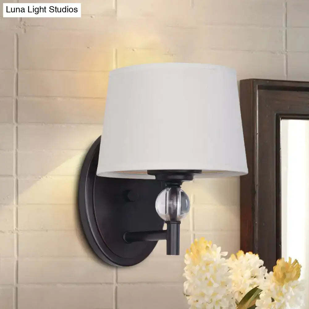 Modern black metal wall sconce with white fabric shade and clear crystal ball accent for bedroom led light 110v-120v 220v-240v
