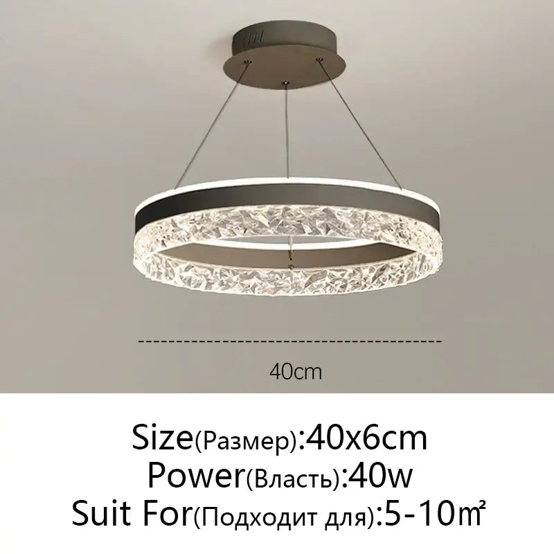 Modern black and white crystal rings led chandelier with sleek circular pendant and bright white decorbites crystal rings illumination