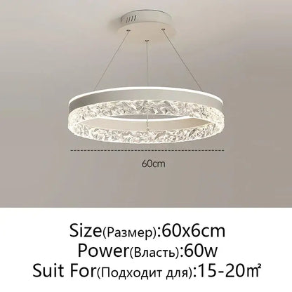 Modern white circular rings led chandelier with textured crystal ring and sleek metallic frame for dining room decorbites crystal rings