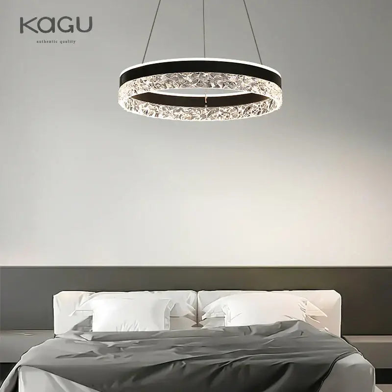 Modern black and clear crystal rings led chandelier with minimalist design for dining room decorbites crystal rings