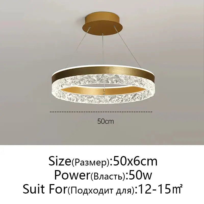 Modern black and white crystal rings led chandelier with gold-toned circular pendant and sleek metallic frame for dining room decorbites crystal rings