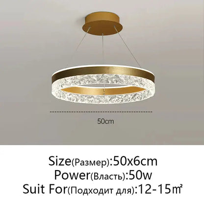 Modern black and white crystal rings led chandelier with gold-toned circular pendant and sleek metallic frame for dining room decorbites crystal rings