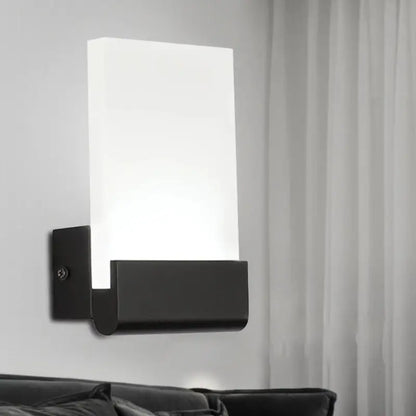 Modern black and white cuboid design led sconce with rectangular frosted glass diffuser for bedroom wall light