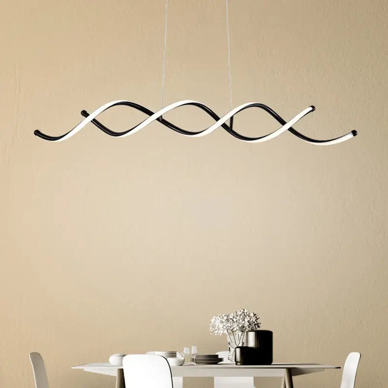 Modern black and white twisted led pendant ceiling light with sleek curved design for dining room illumination