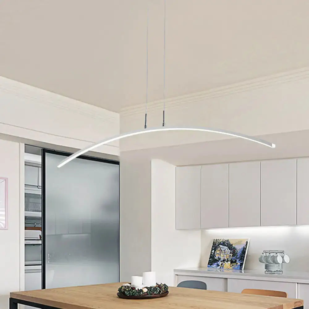 Modern arched led pendant light in black white with bulb base and sleek metallic finish for warm white lighting