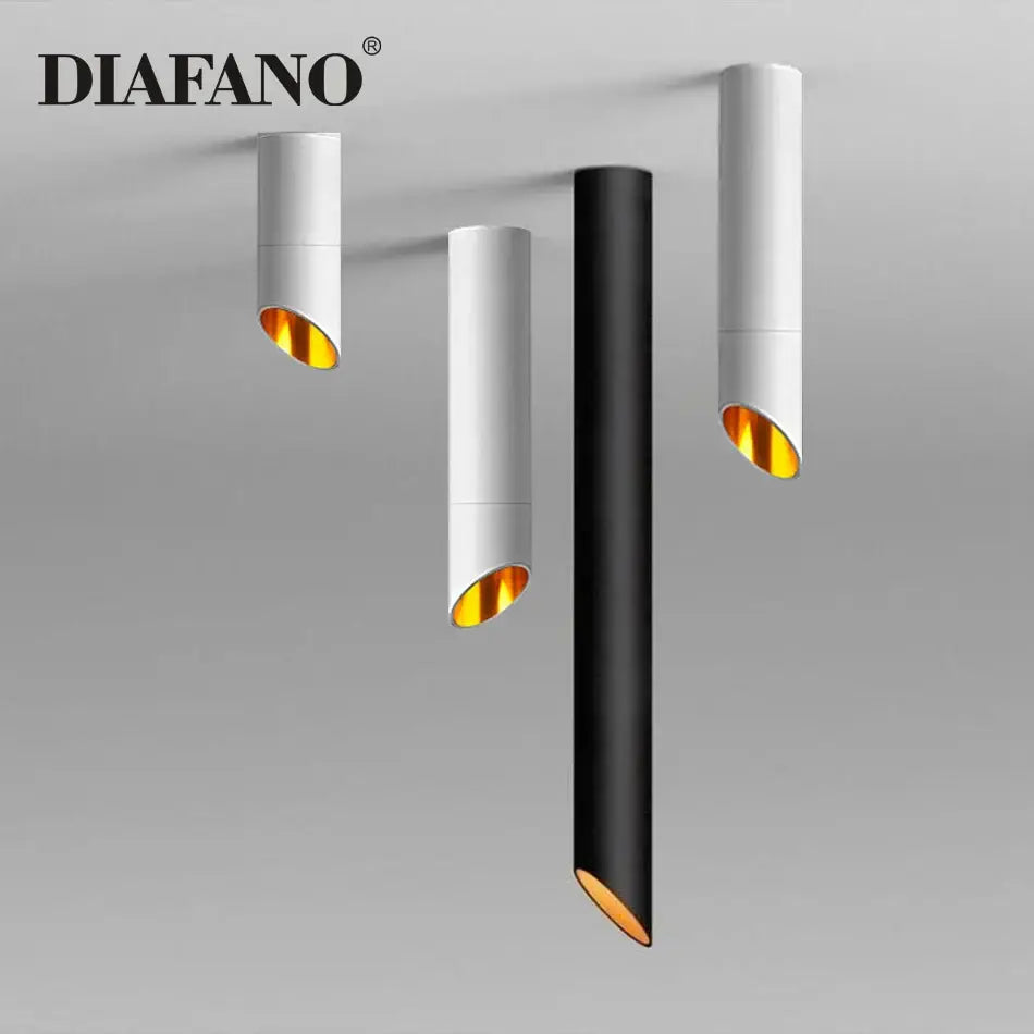 Modern black and white cylindrical led ceiling light with gold-finished interior for kitchen with sleek light cord lamps
