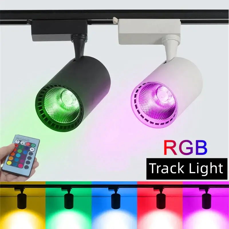 Modern black and white decorbites colorful cob track light with adjustable color settings and sleek cylindrical design