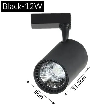 Black 12w track light with cylindrical head and adjustable arm in modern black and white decorbites colorful cob phase system