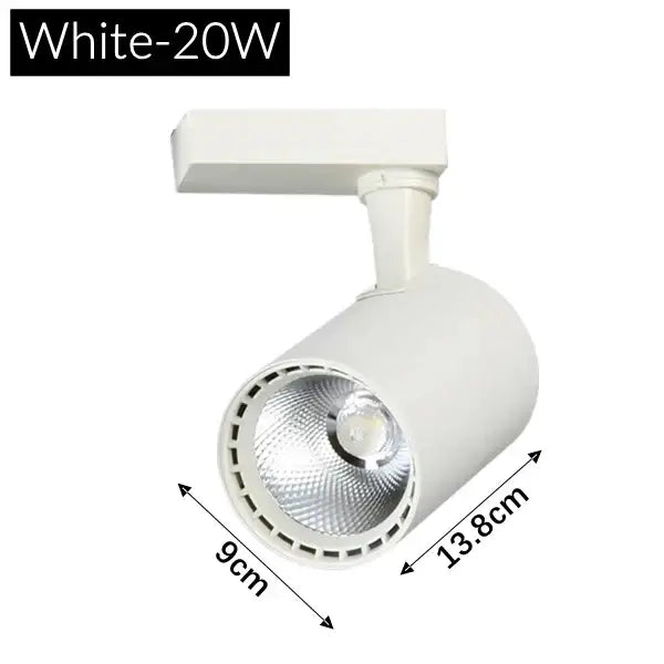 White 20w track light with cylindrical head and adjustable bracket in modern black and white decorbites colorful cob system