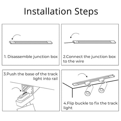 Diagram showing installation steps for modern black and white decorbites colorful cob track light system with junction boxes