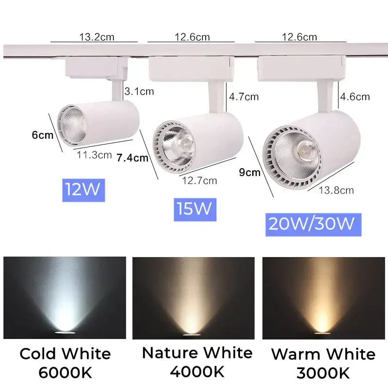 White track light fixtures with adjustable heads and colorful cob phase options in modern black and white decorbites system