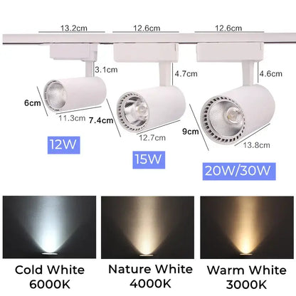 White track light fixtures with adjustable heads and colorful cob phase options in modern black and white decorbites system