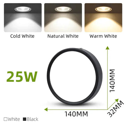 Black circular 25w decorbites led ceiling lamp with cold, natural, and warm white lighting options for modern decor