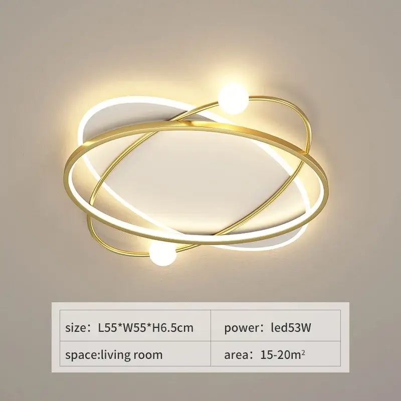 Modern gold-toned decorbites led ceiling light with intertwined rings and spherical bulbs for living room use