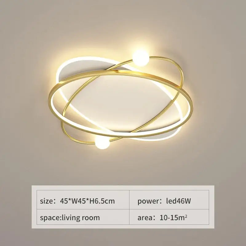 Modern black and white decorbites led ceiling light with gold-toned intertwined rings and two spherical bulbs for living room