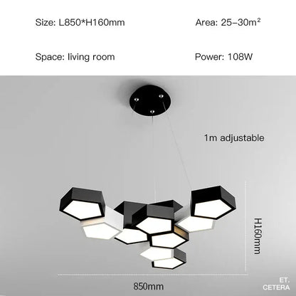 Modern black white diamond led chandelier with black hexagonal pendant light and adjustable height for living room decorbites black white