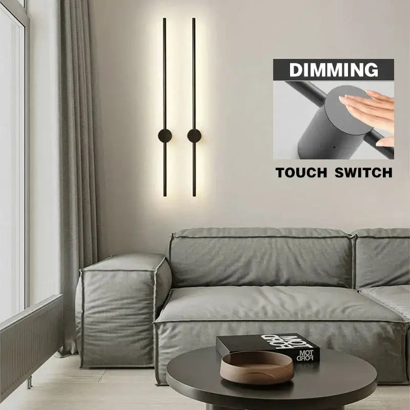 Modern black and white dimmable led wall lights featuring slim vertical bars and circular touch switches for bedroom decorbites dimmable led wall