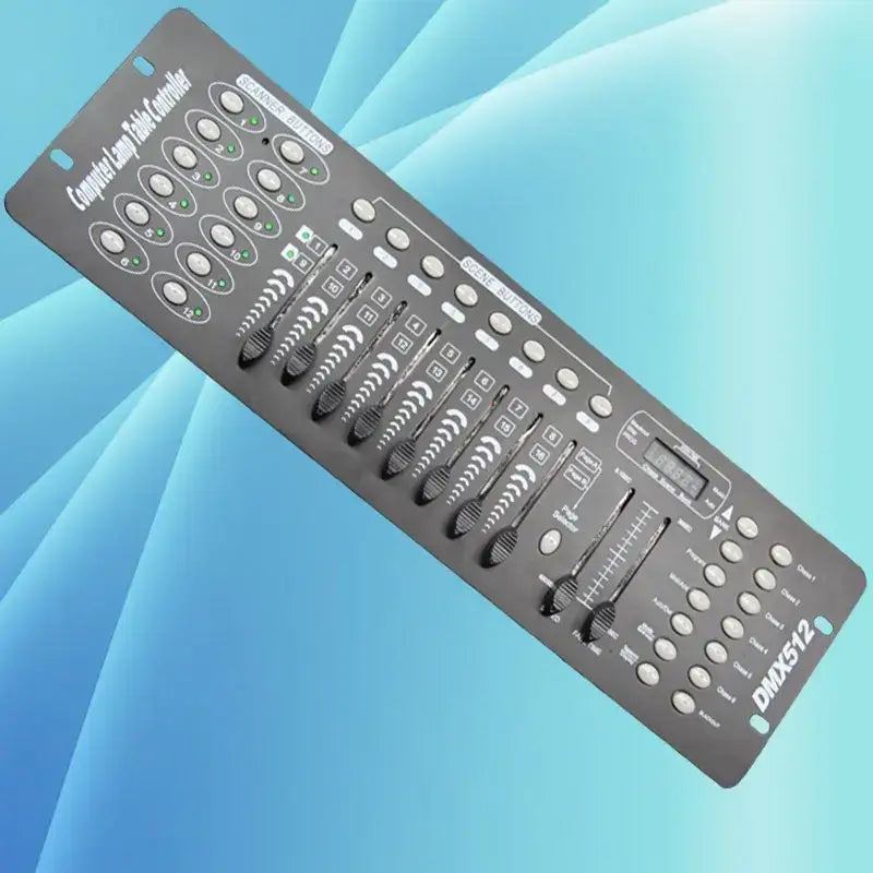 Modern black and white dmx controller stage light with multiple knobs sliders and buttons for party room design