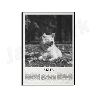 Black and white dog breeds poster featuring two akita dogs with bold serif typography for living room wall art