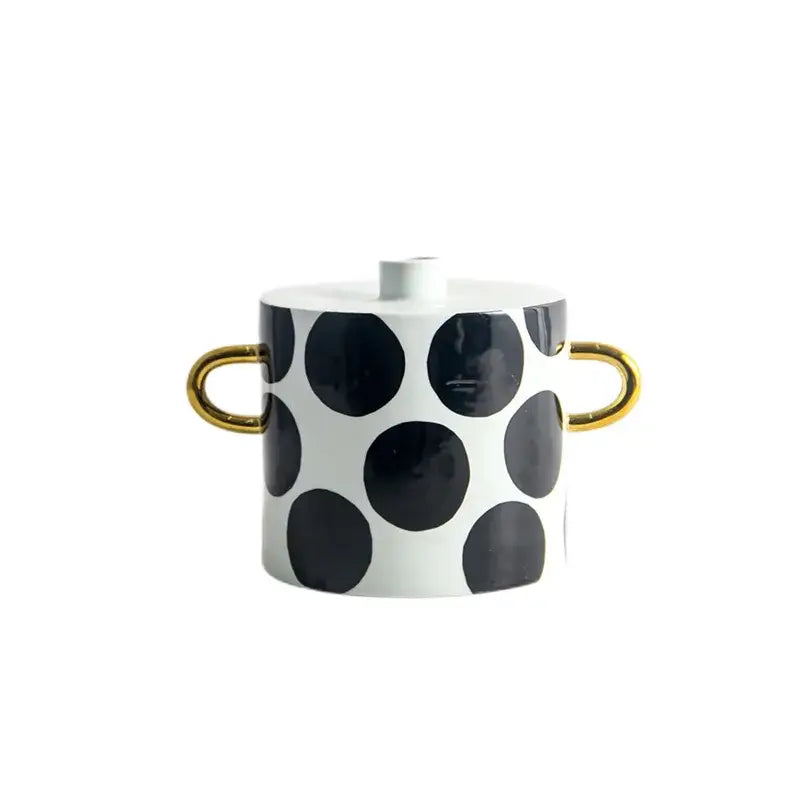 White ceramic sugar bowl with white dots geometric black polka dots and gold-tone handles for living room decor
