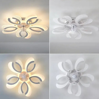 Modern black and white floral ceiling fan light with translucent petal shades and central led bulb for living room use
