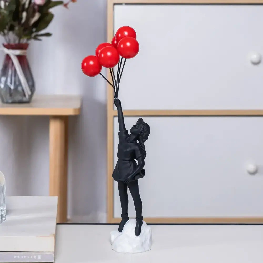 Black resin flying love balloon girl sculpture holding red love balloons modern decorbites living room decor