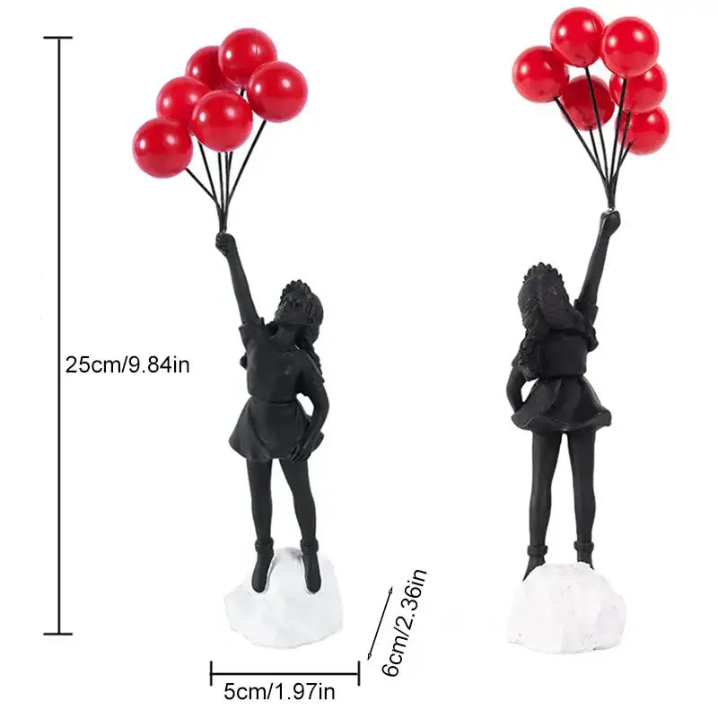 Modern black resin flying love balloon girl sculpture holding red balloons on white base for living room decorbites decor