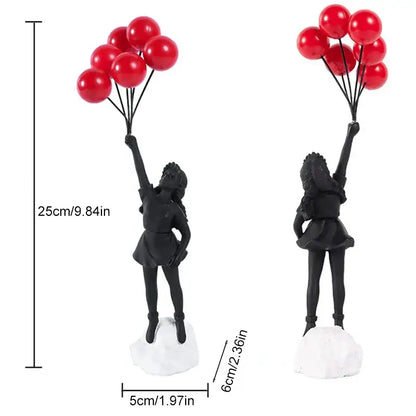Modern black resin flying love balloon girl sculpture holding red balloons on white base for living room decorbites decor