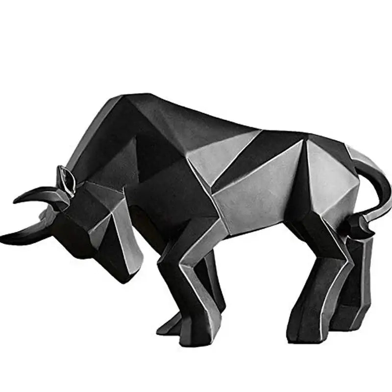 Modern black geometric bull sculpture with angular faceted design and metallic finish for living room decor by decorbites