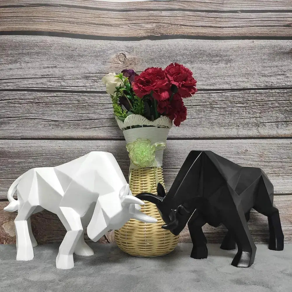 Modern black and white geometric bull sculpture with angular faceted surfaces for living room decorbites decor