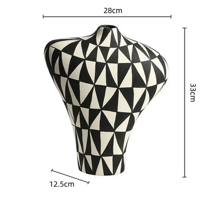A sleek 33cm tall modern black and white geometric diamond ceramic vase ideal for living room decor by decorbites