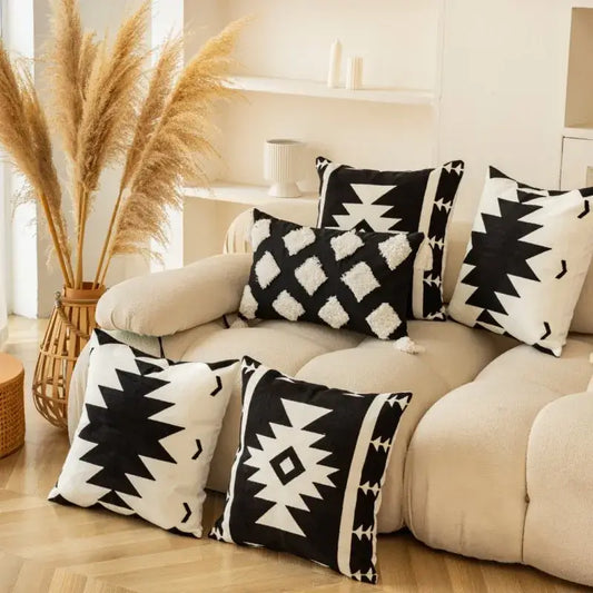 Modern black and white geometric embroidered cushion cover with textured throw pillows for living room decor
