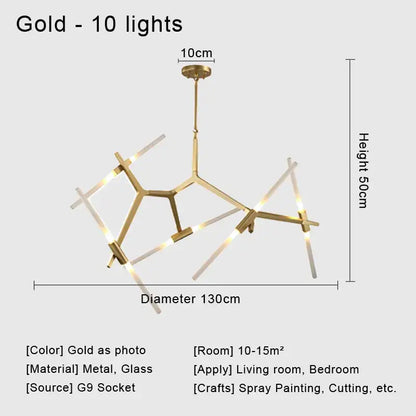 Modern black and white geometric glass led chandelier ceiling light with gold-colored metal arms and ten illuminated glass rods