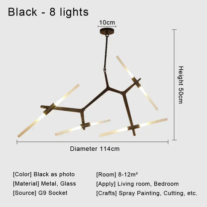 Modern black and white geometric glass led chandelier with eight illuminated rods metal frame ceiling light for living room