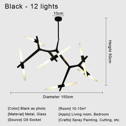 Modern black glass led chandelier with 12 illuminated glass rods and metal frame ceiling light for living room