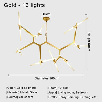 Modern gold ceiling light with 16 glass led fixtures in a geometric metal frame for living room lighting