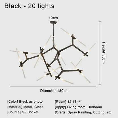 Modern black and white geometric glass led chandelier with 20 illuminated glass rods and metal arms ceiling light