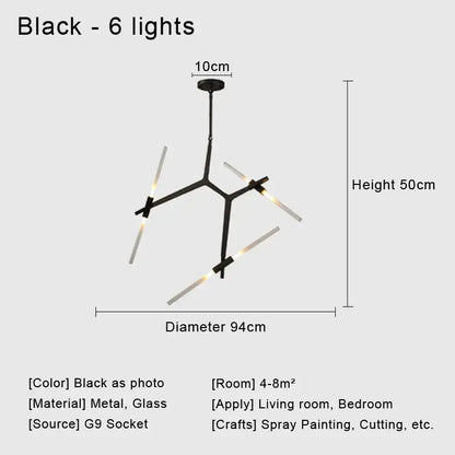 Modern black and white geometric glass led chandelier ceiling light with six illuminated glass rods for living room use