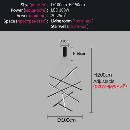 Adjustable modern black and silver geometric ceiling lamp with intersecting rods for bedroom ceiling use