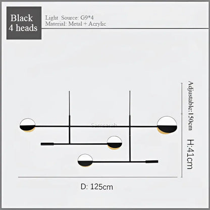 Modern black four-head pendant lamp with sleek metal and acrylic spheres featuring geometric line design for dining room decorbites geometric line