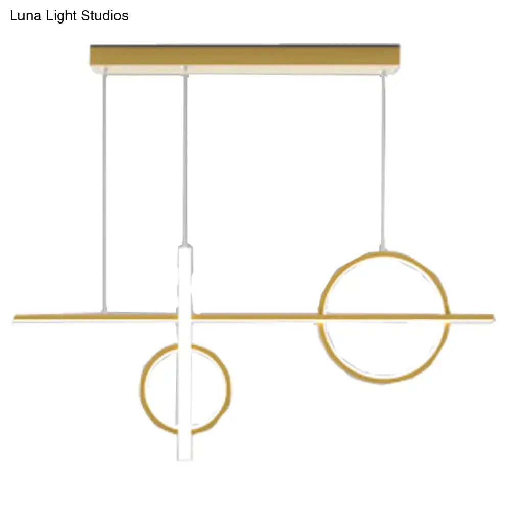 Modern gold-toned geometric pendant light with acrylic shade featuring minimalist circular and linear design for 110v-120v use
