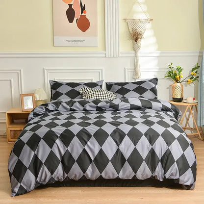 Black and gray diamond-patterned satin duvet cover bedding set with decorbites geometric stripes for modern bedroom decor