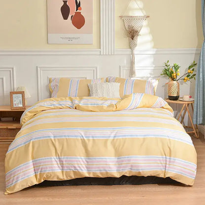 Yellow and pastel-striped soft cotton duvet set complementing modern black and white geometric stripes bedding set decorbites