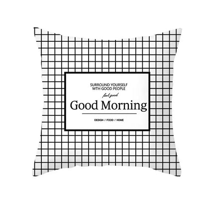 Modern black and white geometry letters cushion cover with good morning text for stylish home decor and decorbites black geometry trends
